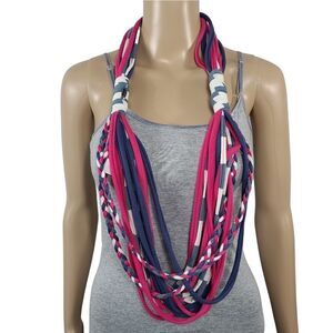 Banded pink and blue braid womens infinity scarf